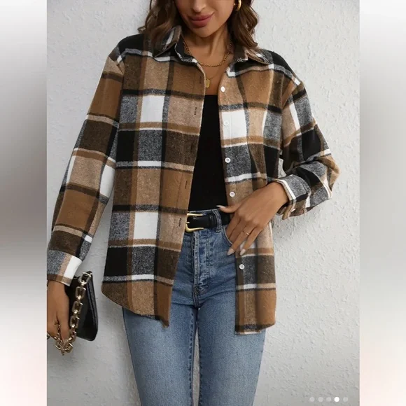 Plaid Button-Up Shirt in Brown and Black - Picture 4 of 5